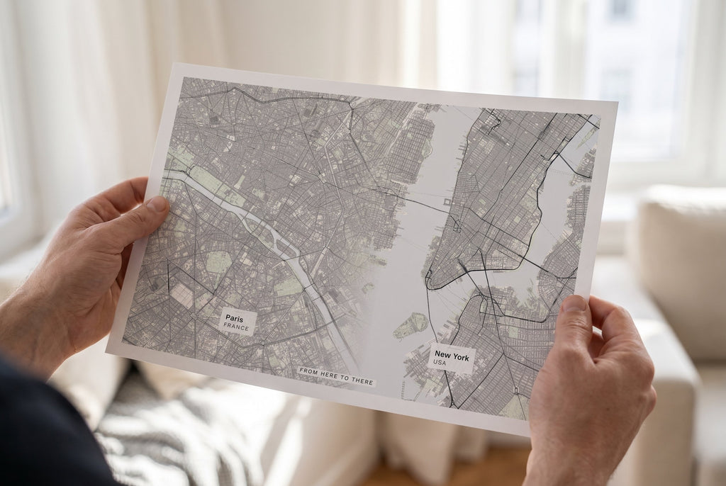 From Here To There personalised art print held in two hands as an unframed fine-art print