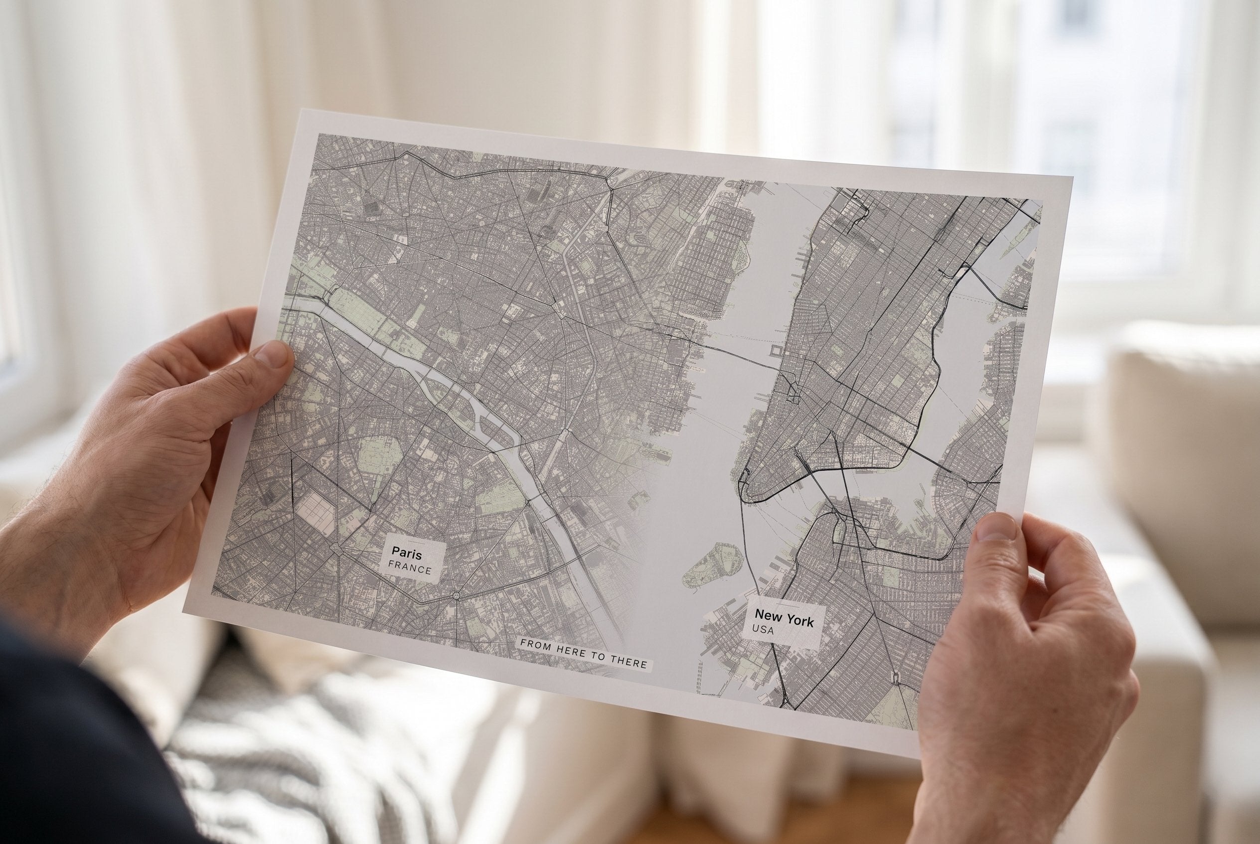 From Here To There personalised art print held in two hands as an unframed fine-art print