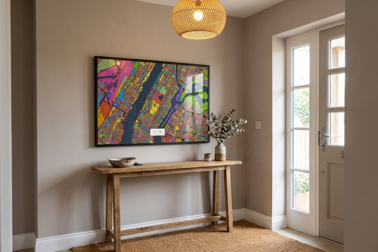 From Here To There personalised art print in a black frame above a console table in a welcoming entranceway
