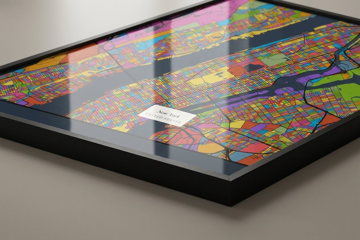 Glasslight Streets personalised art print framed behind glass, shown close up at an angle