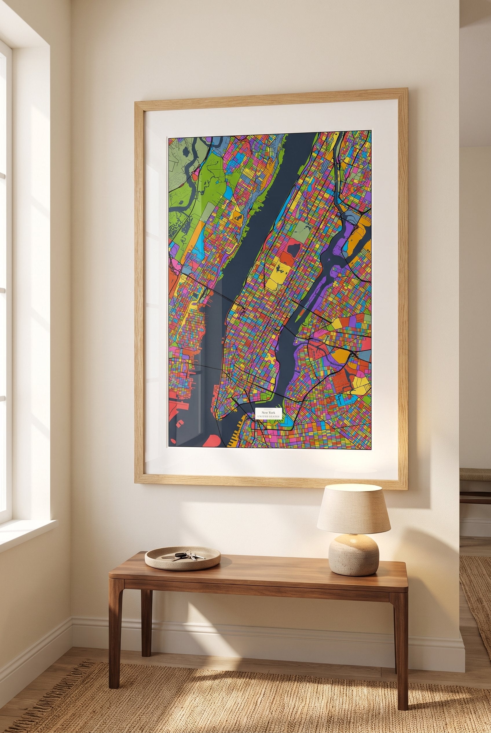Glasslight Streets personalised art print shown in a styled interior
