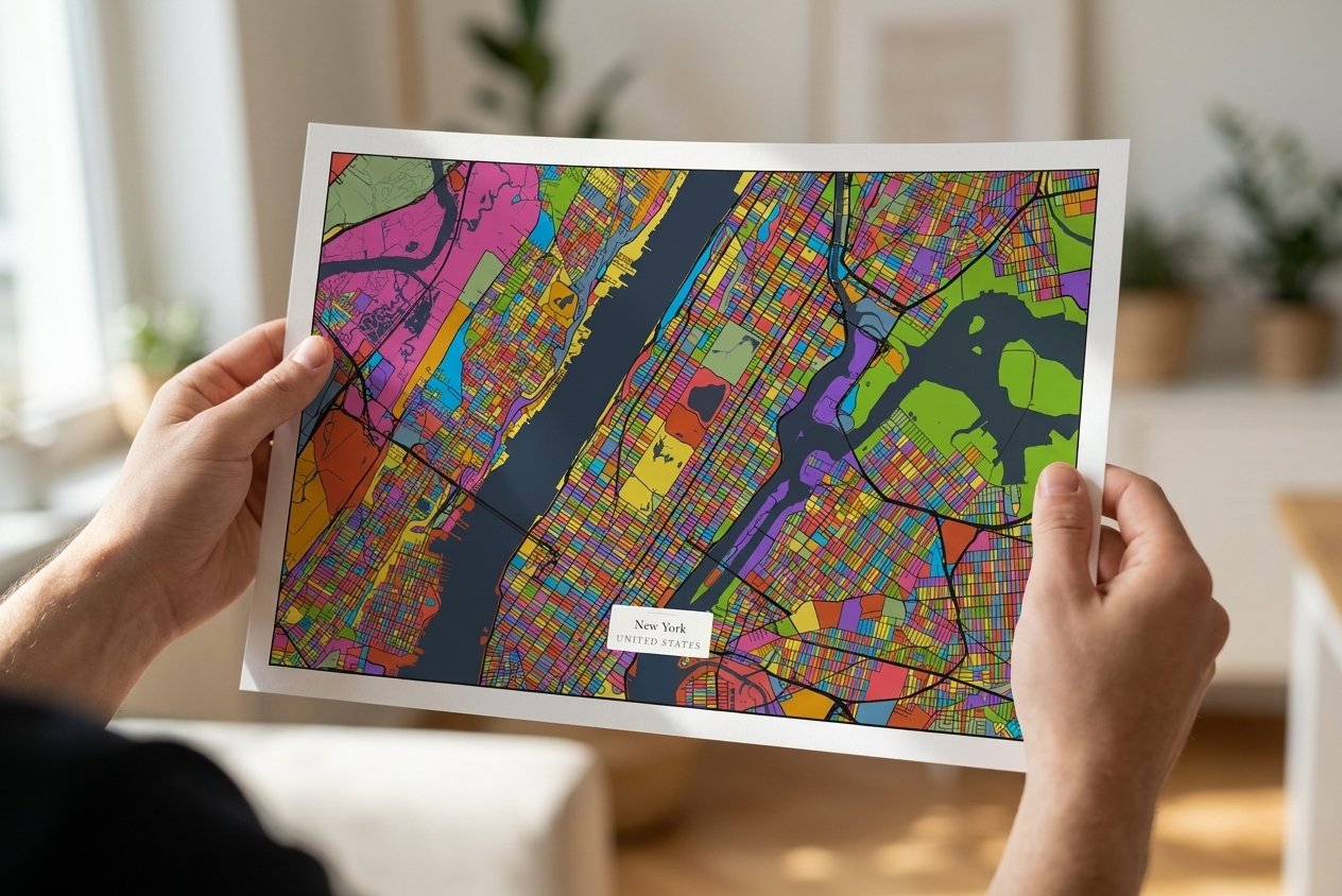 Glasslight Streets personalised art print held in two hands as an unframed fine-art print