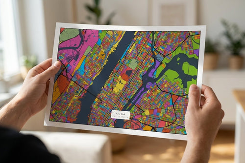 Glasslight Streets personalised art print held in two hands as an unframed fine-art print