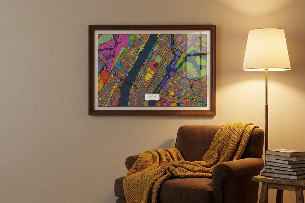 Glasslight Streets personalised art print in a dark wood frame beside a cozy reading nook armchair