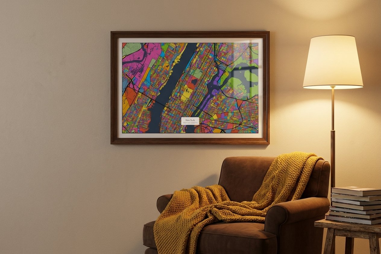 Glasslight Streets personalised art print in a dark wood frame beside a cozy reading nook armchair