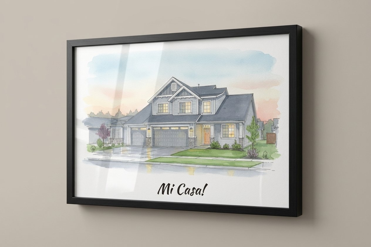 Hearthside Portrait personalised art print framed behind glass, shown close up at an angle