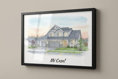Hearthside Portrait personalised art print framed behind glass, shown close up at an angle