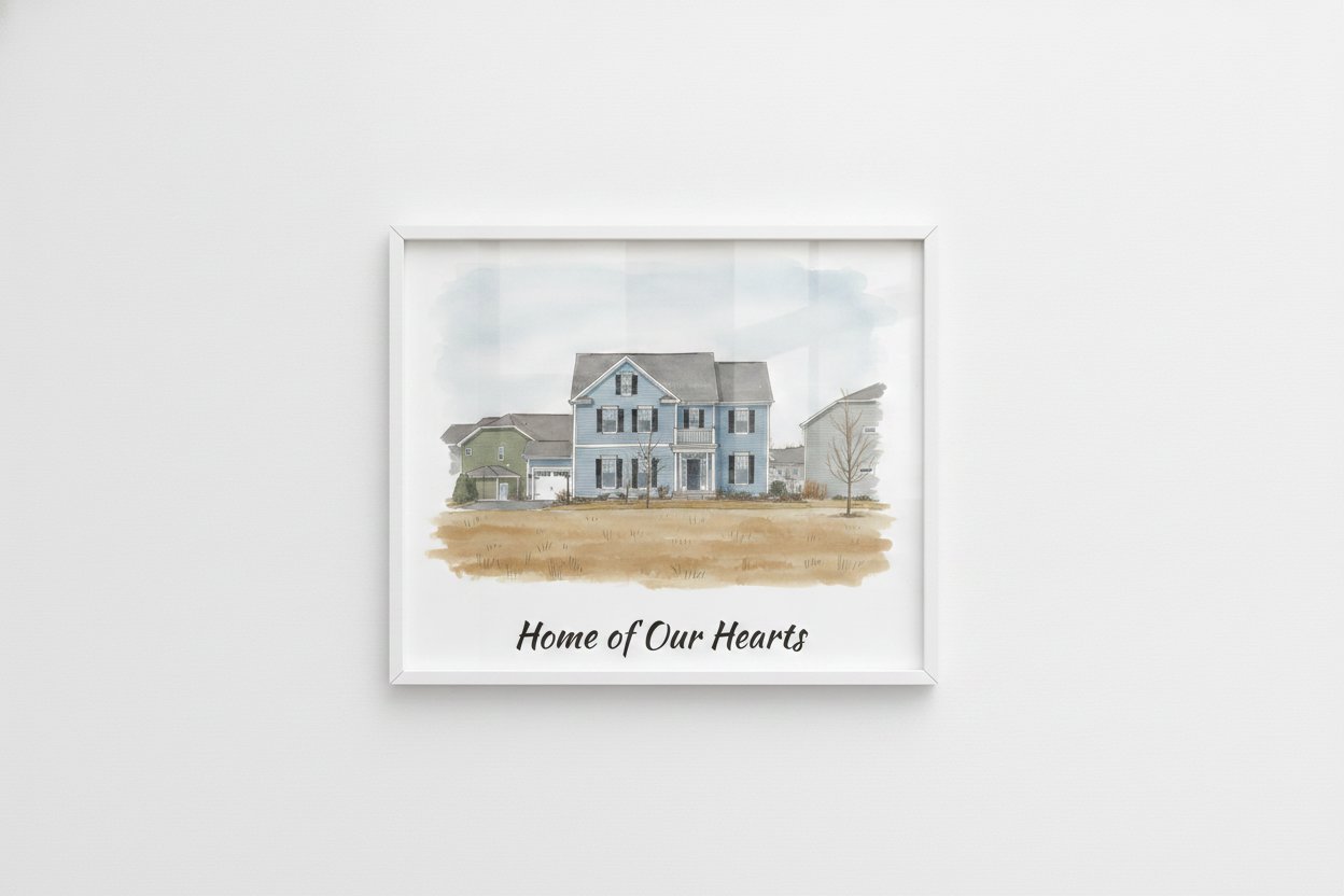 Hearthside Portrait personalised art print in a minimal white frame on a white gallery wall