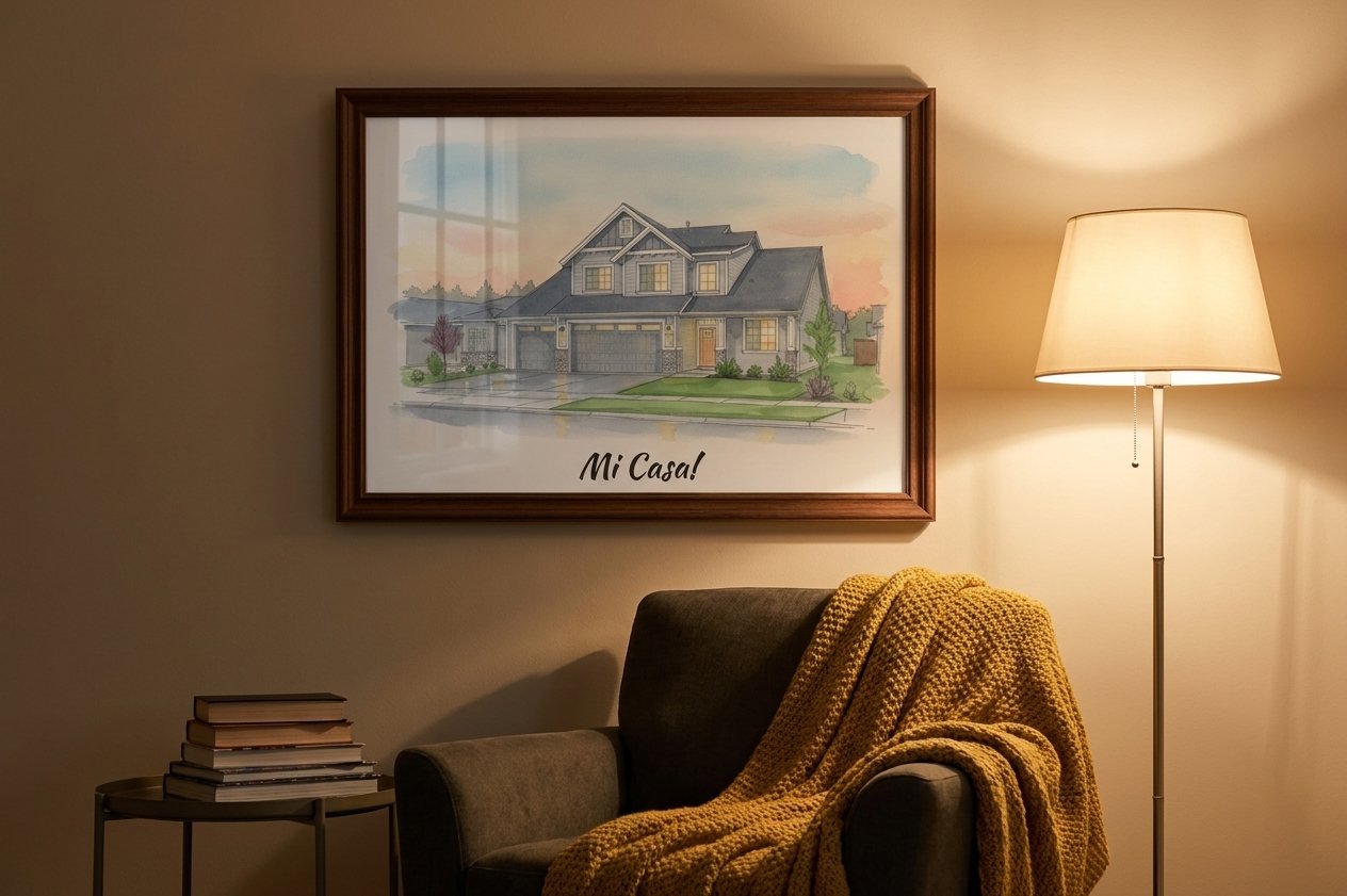 Hearthside Portrait personalised art print in a dark wood frame beside a cozy reading nook armchair