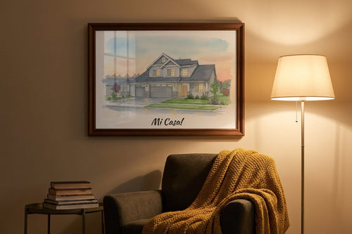 Hearthside Portrait personalised art print in a dark wood frame beside a cozy reading nook armchair