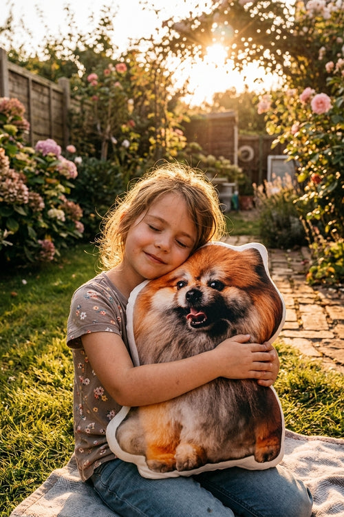 A young girl with blonde hair sits on a blanket in a sunny garden, hugging a realistic plush dog pillow. The pillow features a detailed print of a fluffy orange and brown Pomeranian dog.