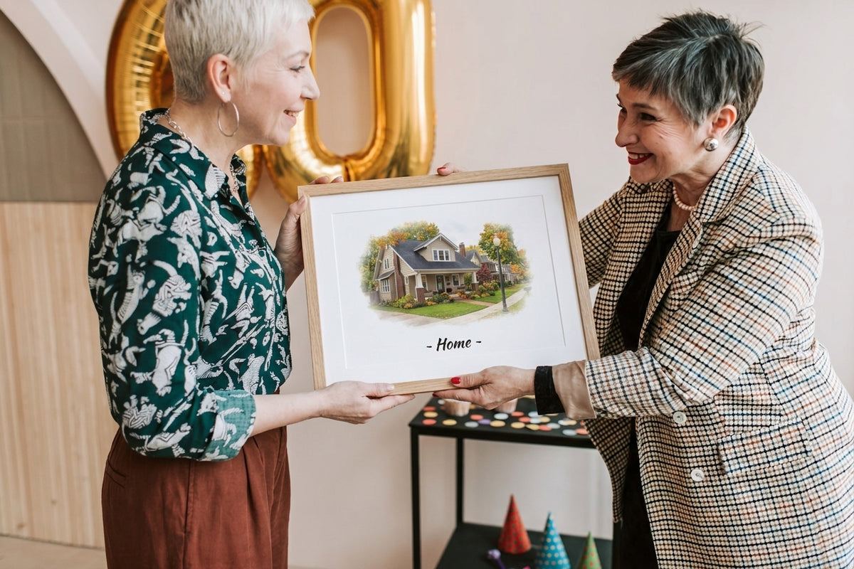 Two women exchanging a gift of a watercolor house print
